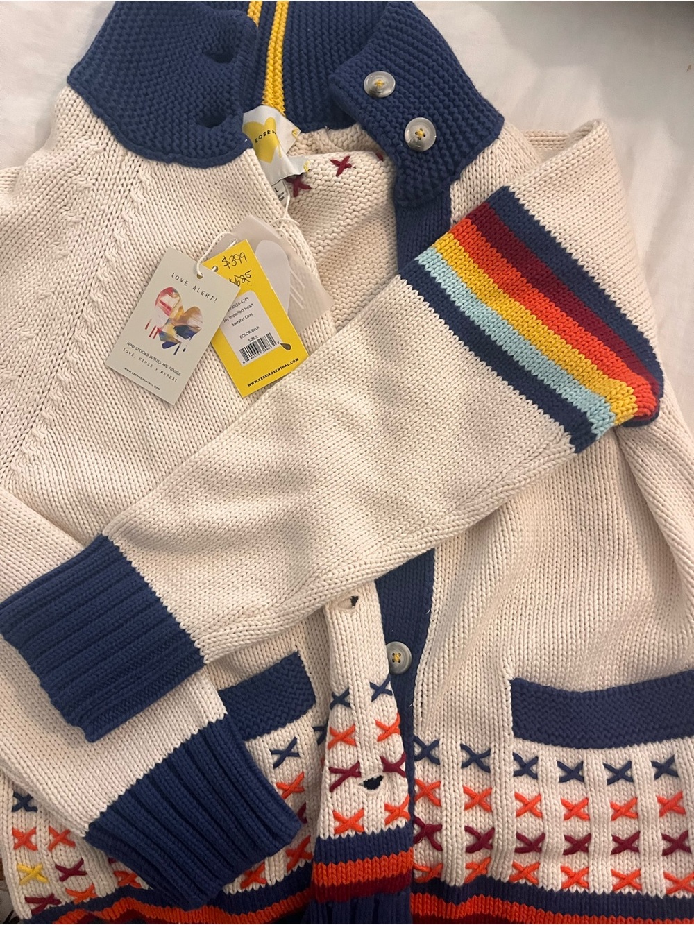 Cream Knit Sweater with Navy Heart and Multicolor Cross-Stitch Details - Picture 7 of 7